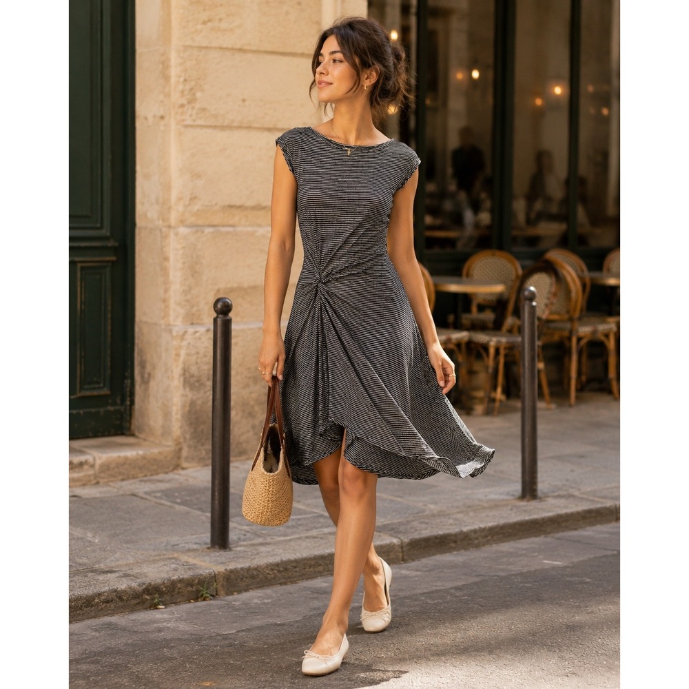 Max Studio Striped Ruched Twist Front Dress Black Grey French Girl Casual M